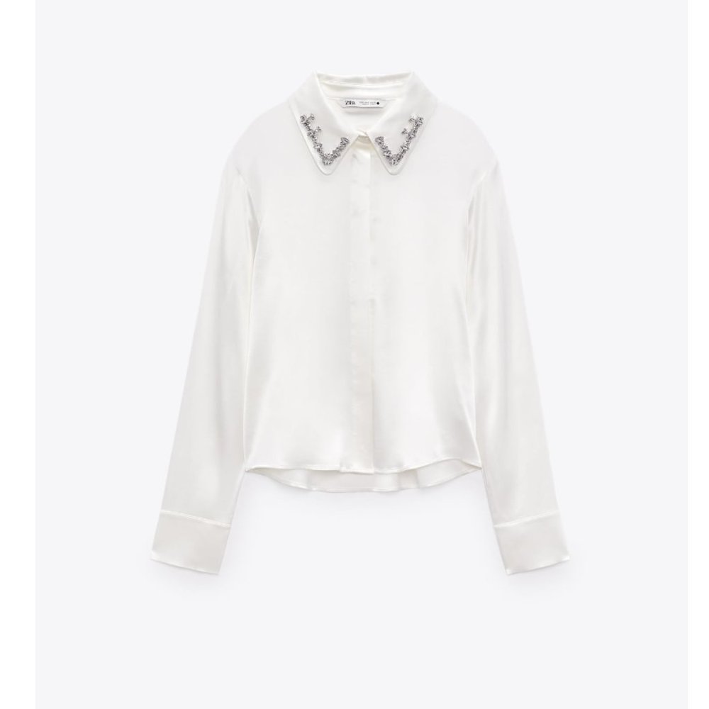 Zara Jewel Trim Satin Effect Shirt NWT